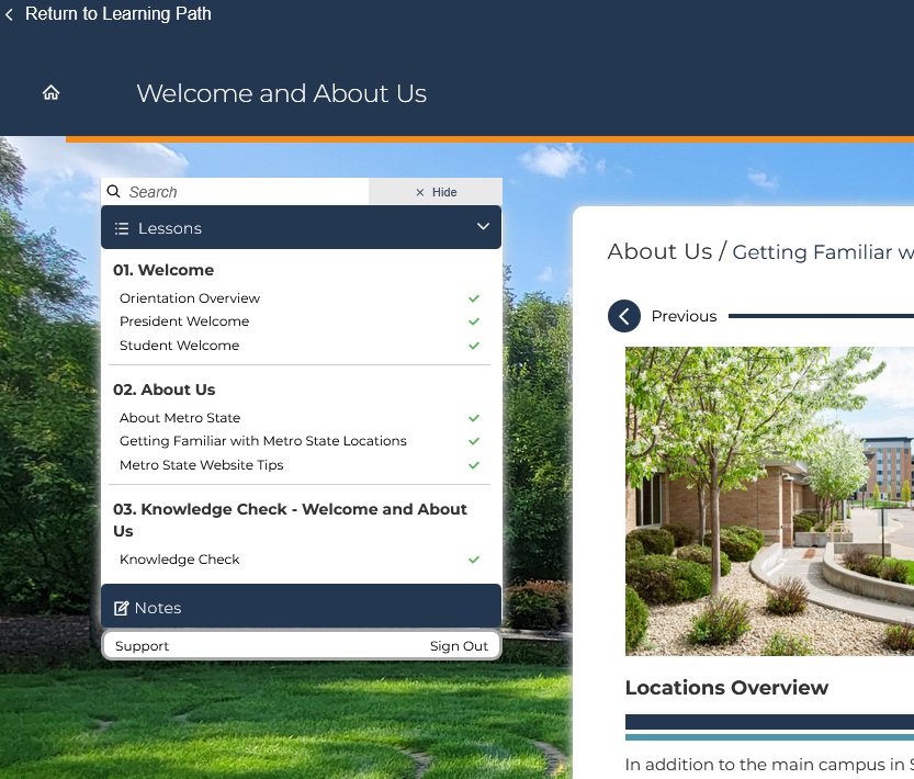 A picture of the Welcome and About Us step 1 module showing the menu bar on the left and the green check marks indicating completion.