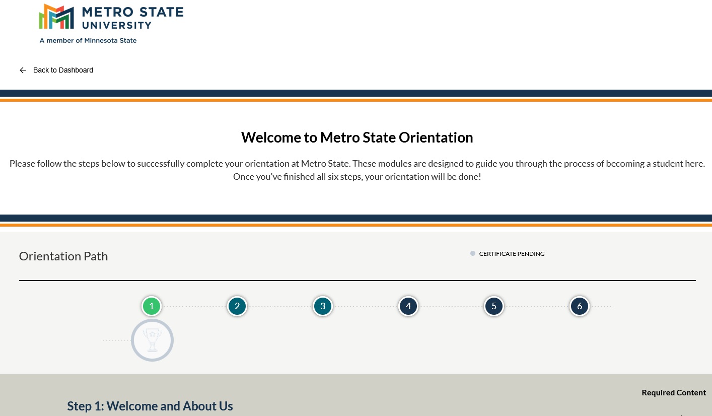 A screenshot of the Learner Dashboard showing an overview of the Orientation path and the 6 steps within it.